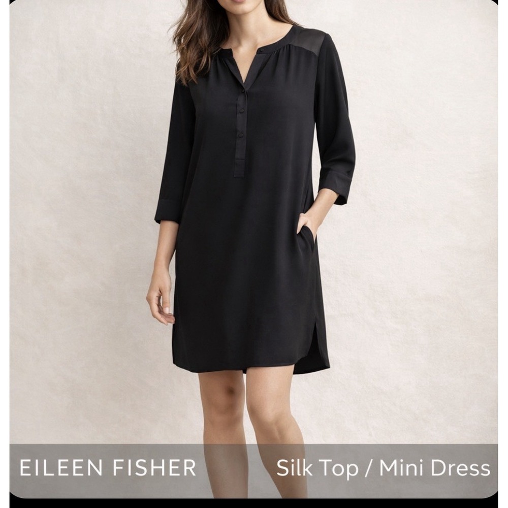 Eileen Fisher Black Silk Tunic Top / Mini Dress Size Med. Minimalist  Laganlook